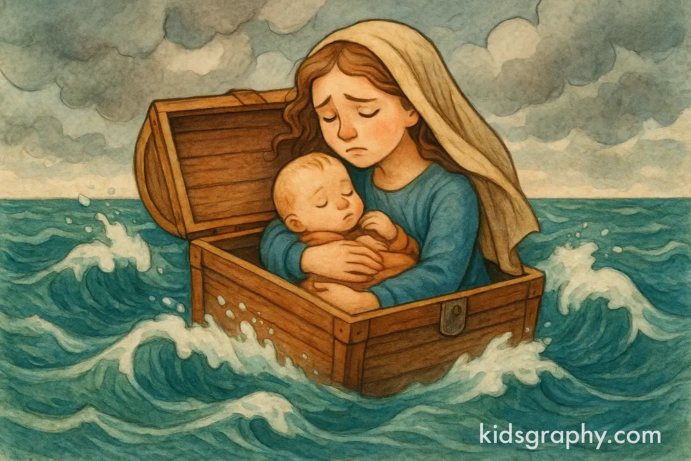 Perseus and Danaë in a wooden chest floating at sea.