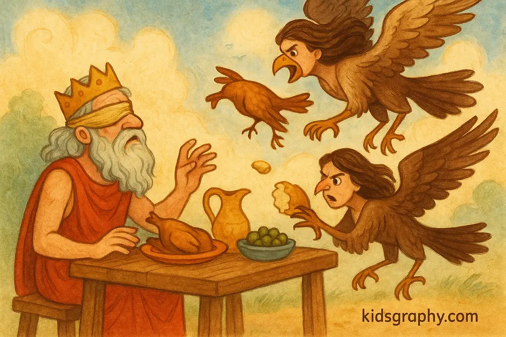 Harpies attacking Phineus in a Greek myth scene.