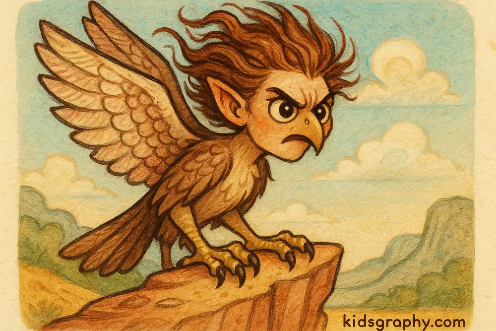 Close-up of a fierce harpy with wings and talons.
