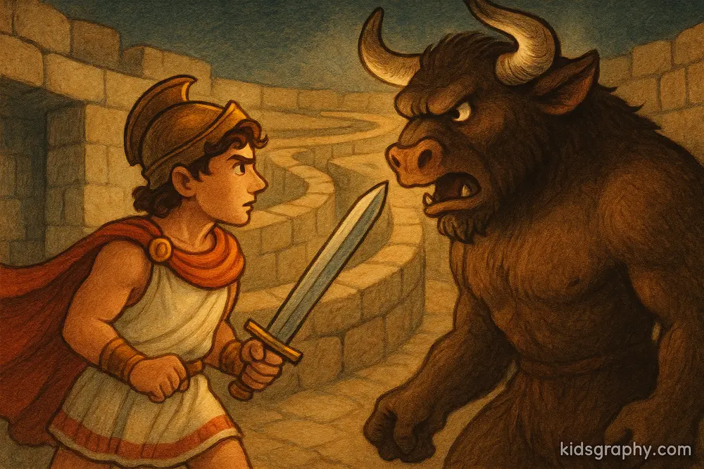 Theseus battles the Minotaur in the Labyrinth.